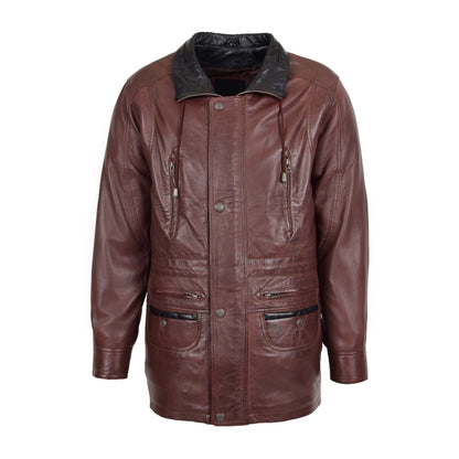 Mens Leather Winter Car Coat Hip Length Jason Brown - genuine leather coat in brown with six outer pockets