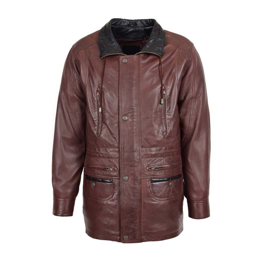 Mens Leather Winter Car Coat Hip Length Jason Brown - genuine leather coat in brown with six outer pockets