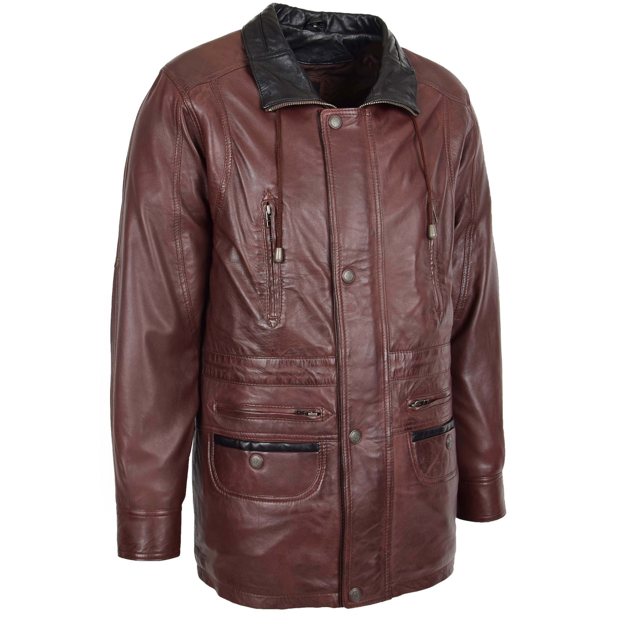Mens Leather Winter Car Coat Hip Length Jason Brown - genuine leather coat in brown with car coat