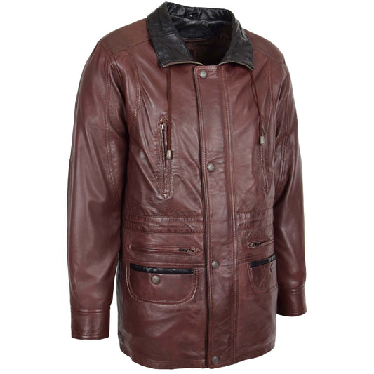 Mens Leather Winter Car Coat Hip Length Jason Brown - genuine leather coat in brown with car coat