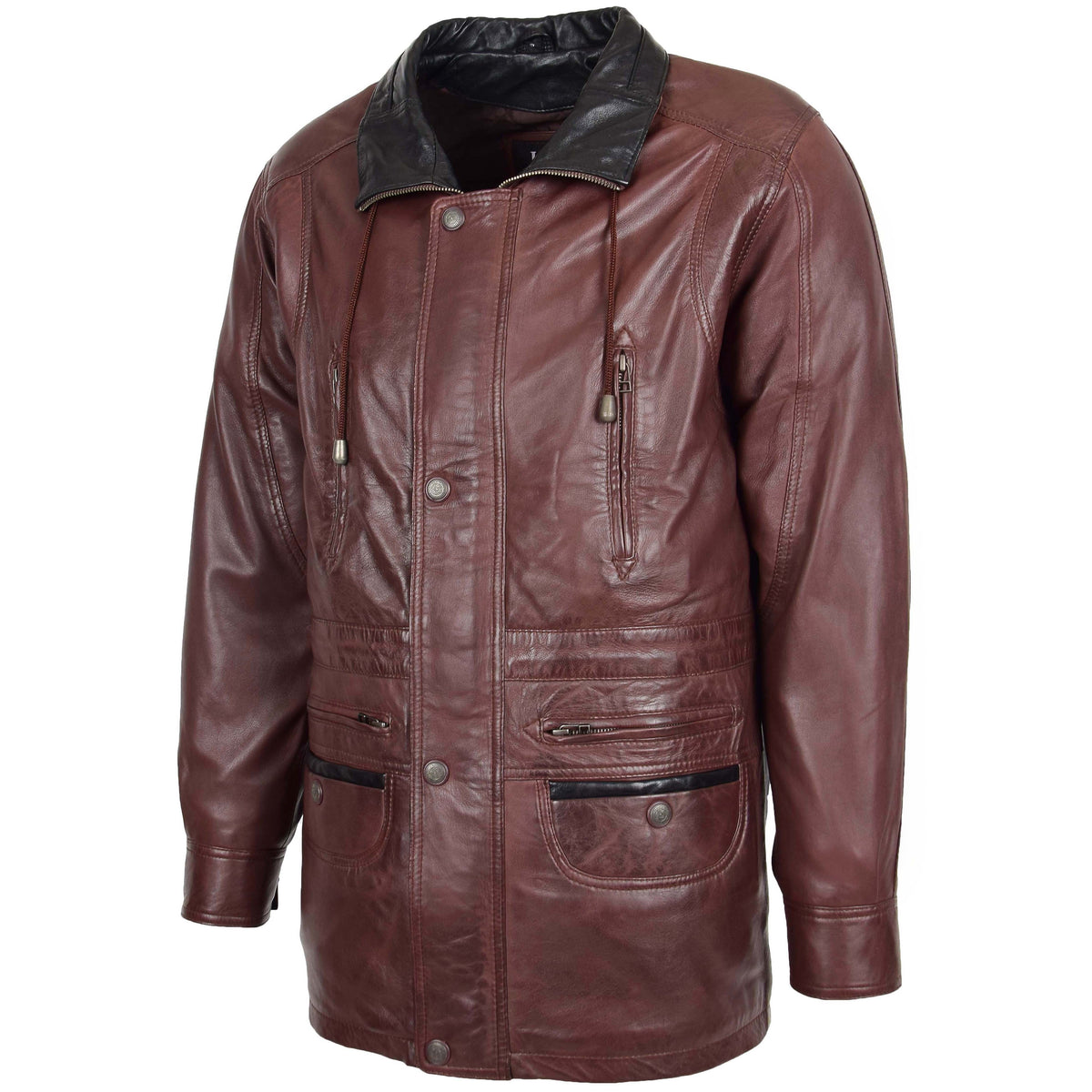 Mens Leather Winter Car Coat Hip Length Jason Brown - genuine leather coat in brown with hip length