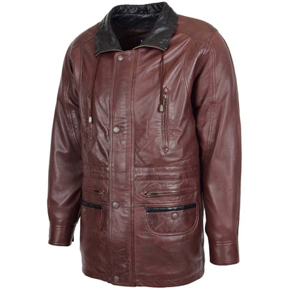 Mens Leather Winter Car Coat Hip Length Jason Brown - genuine leather coat in brown with hip length