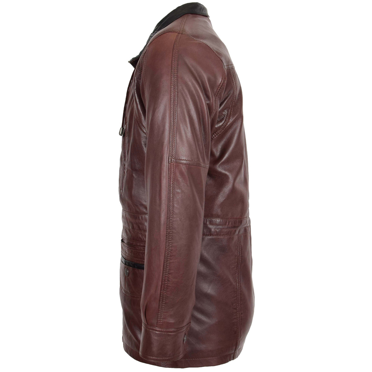 Mens Leather Winter Car Coat Hip Length Jason Brown - genuine leather coat in brown with winter
