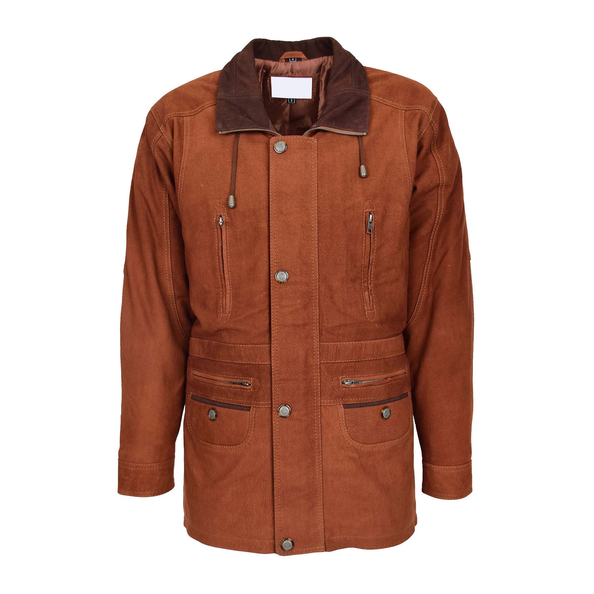 Mens Leather Winter Car Coat Hip Length Jason Tan Nubuck - genuine leather coat in tan nubuck with six outer pockets