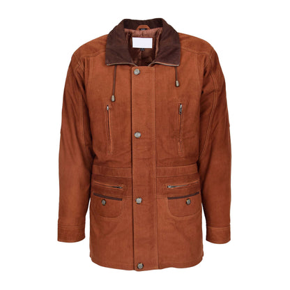 Mens Leather Winter Car Coat Hip Length Jason Tan Nubuck - genuine leather coat in tan nubuck with six outer pockets