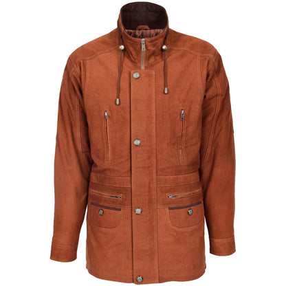 Mens Leather Winter Car Coat Hip Length Jason Tan Nubuck - genuine leather coat in tan nubuck with car coat