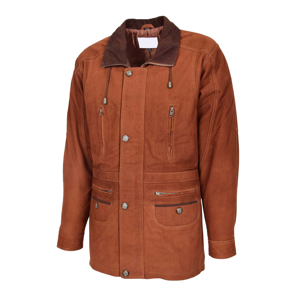 Mens Leather Winter Car Coat Hip Length Jason Tan Nubuck - genuine leather coat in tan nubuck with hip length