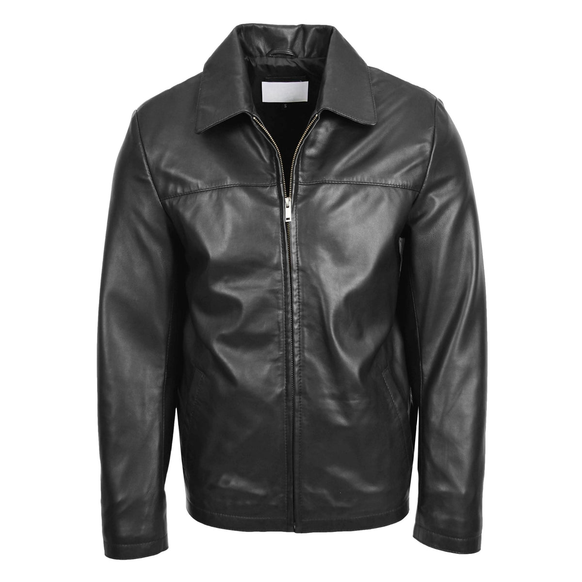 Mens Leather Zip Box Harrington Jacket James Black - genuine leather jacket in black with two outer pockets