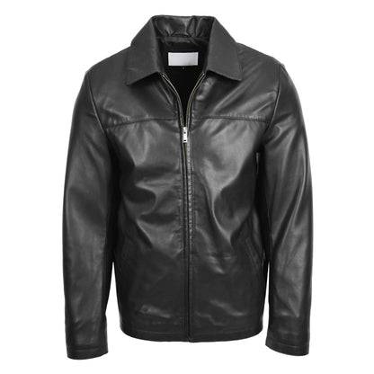 Mens Leather Zip Box Harrington Jacket James Black - genuine leather jacket in black with two outer pockets