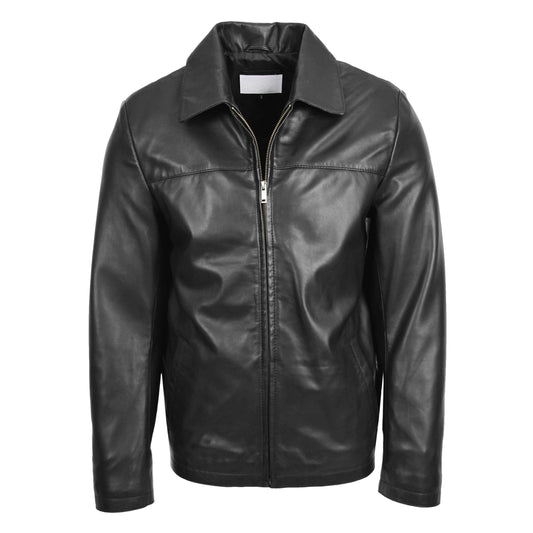 Mens Leather Zip Box Harrington Jacket James Black - genuine leather jacket in black with two outer pockets