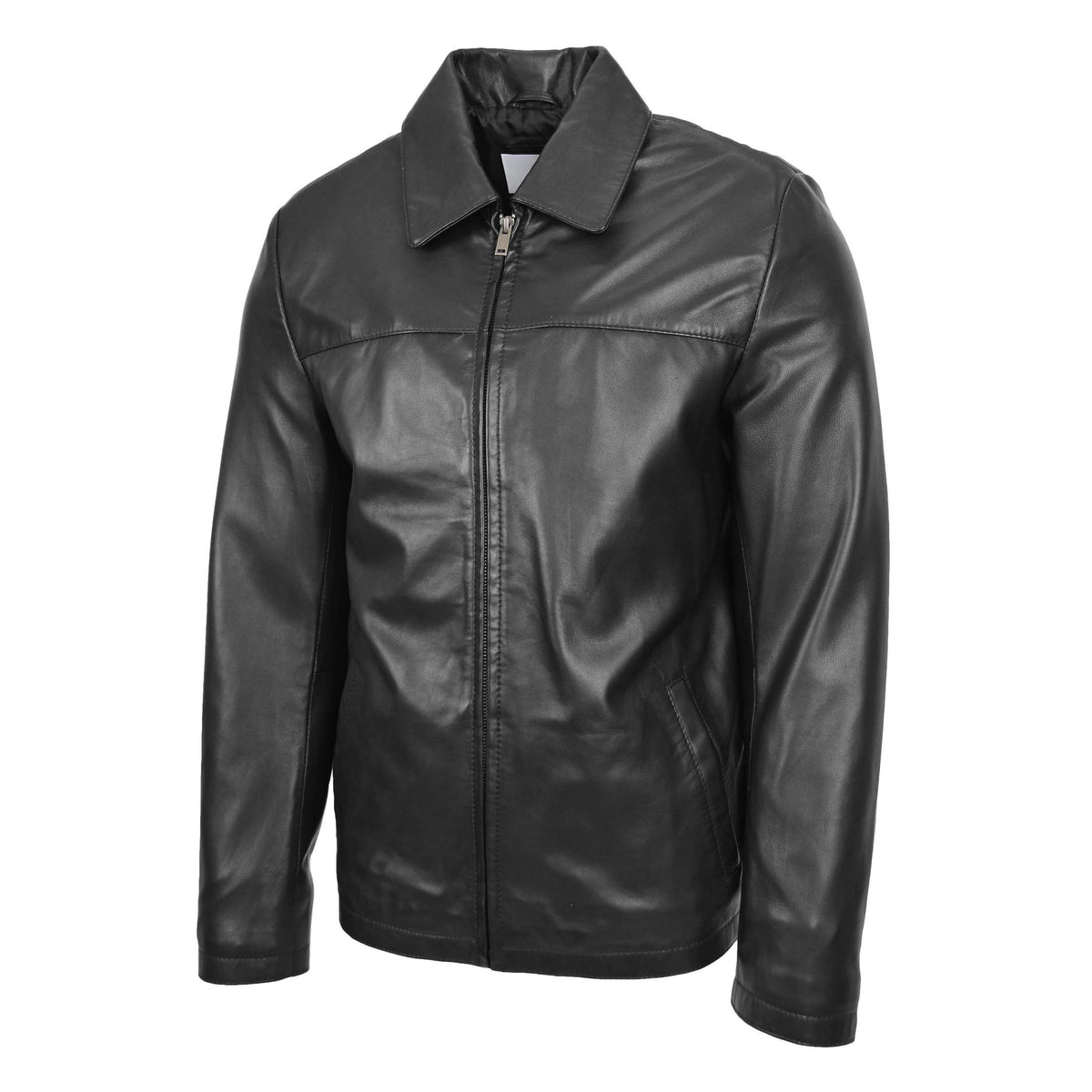 Mens Leather Zip Box Harrington Jacket James Black - genuine leather jacket in black with harrington