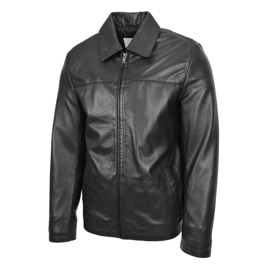 Mens Leather Zip Box Harrington Jacket James Black - genuine leather jacket in black with harrington
