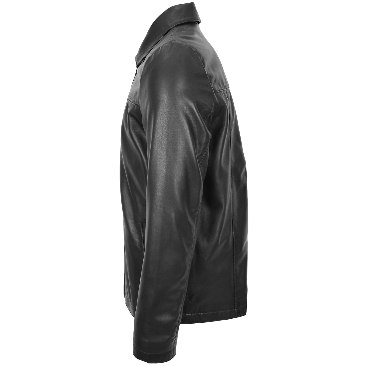 Mens Leather Zip Box Harrington Jacket James Black - genuine leather jacket in black with two outer pockets