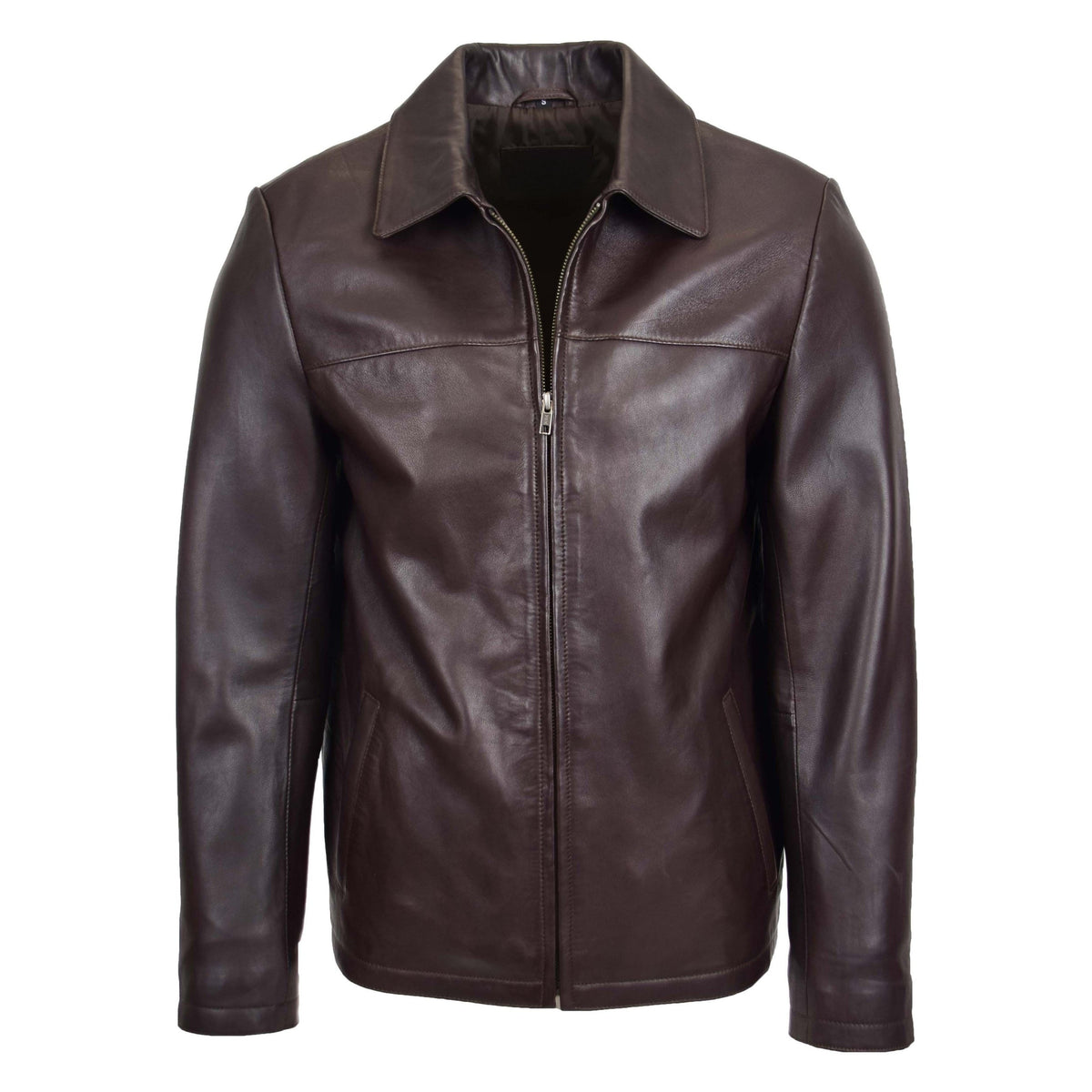 Mens Leather Zip Box Harrington Jacket James Brown - genuine leather jacket in brown with two outer pockets