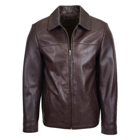 Mens Leather Zip Box Harrington Jacket James Brown - genuine leather jacket in brown with two outer pockets