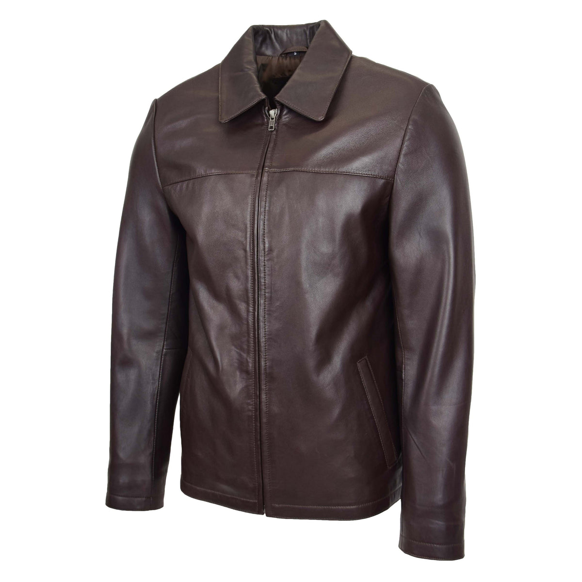 Mens Leather Zip Box Harrington Jacket James Brown - genuine leather jacket in brown with harrington