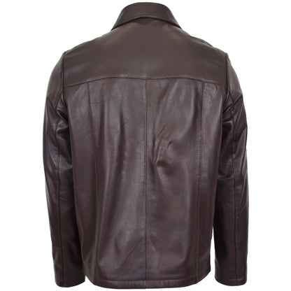 Mens Leather Zip Box Harrington Jacket James Brown - genuine leather jacket in brown with two outer pockets