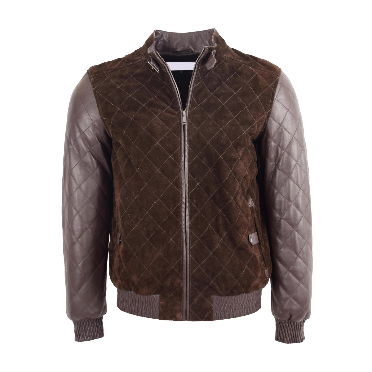 Mens Leather and Suede Bomber Varsity Jacket Bradley Brown - genuine suede jacket in brown with two outer pockets