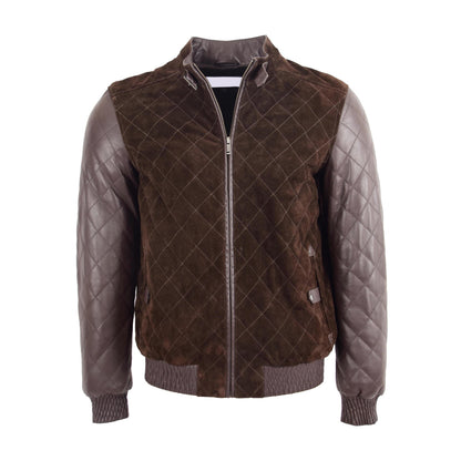 Mens Leather and Suede Bomber Varsity Jacket Bradley Brown - genuine suede jacket in brown with two outer pockets