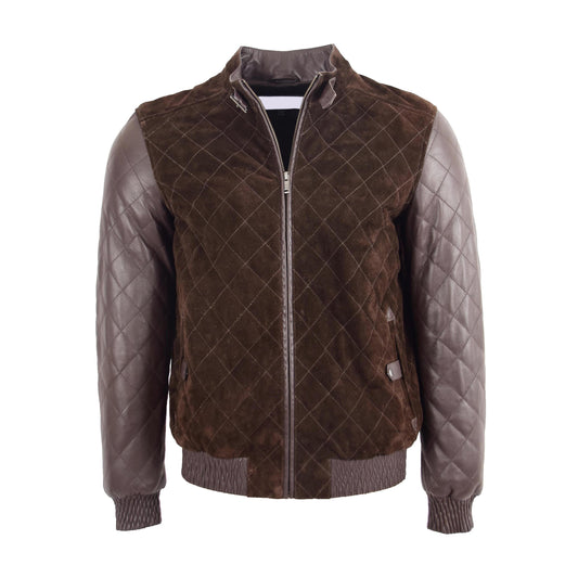 Mens Leather and Suede Bomber Varsity Jacket Bradley Brown - genuine suede jacket in brown with two outer pockets
