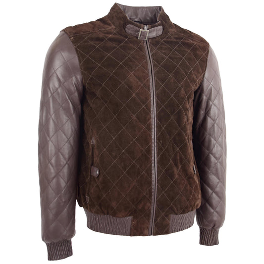 Mens Leather and Suede Bomber Varsity Jacket Bradley Brown - genuine suede jacket in brown with bomber