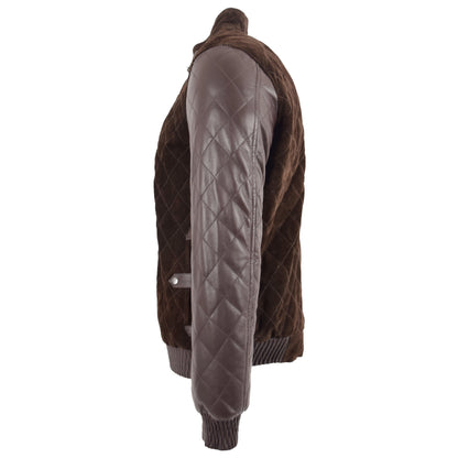 Mens Leather and Suede Bomber Varsity Jacket Bradley Brown - genuine suede jacket in brown with bomber varsity