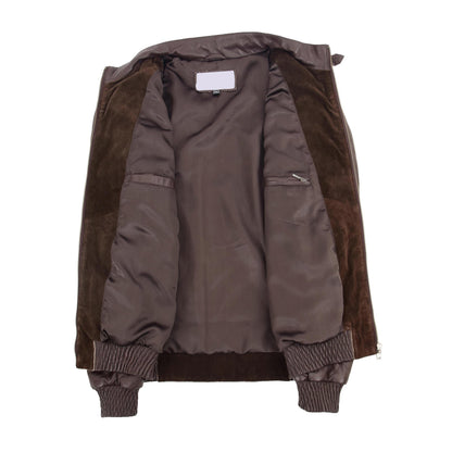 Mens Leather and Suede Bomber Varsity Jacket Bradley Brown - genuine suede jacket in brown with two outer pockets