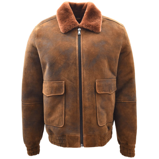 Mens Original Flying Sheepskin Bomber Brown Ginger Shearling Jacket Curtis - genuine sheepskin jacket with bomber