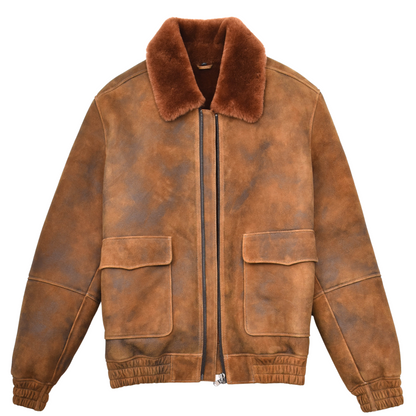 Mens Original Flying Sheepskin Bomber Brown Ginger Shearling Jacket Curtis - genuine sheepskin jacket with bomber