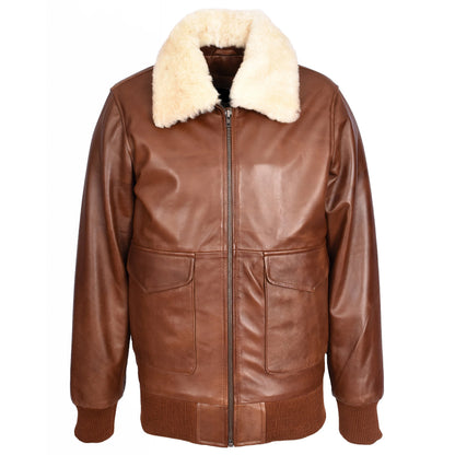 Mens Premium Leather Aviator Bomber Jacket Detachable Collar G-1 Pilot Style Luca Tan - genuine sheepskin jacket in tan with detachable collar