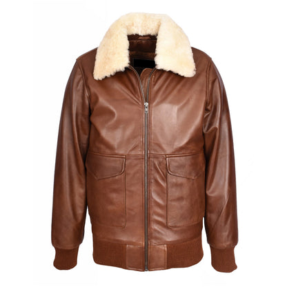 Mens Premium Leather Aviator Bomber Jacket Detachable Collar G-1 Pilot Style Luca Tan - genuine sheepskin jacket in tan with bomber