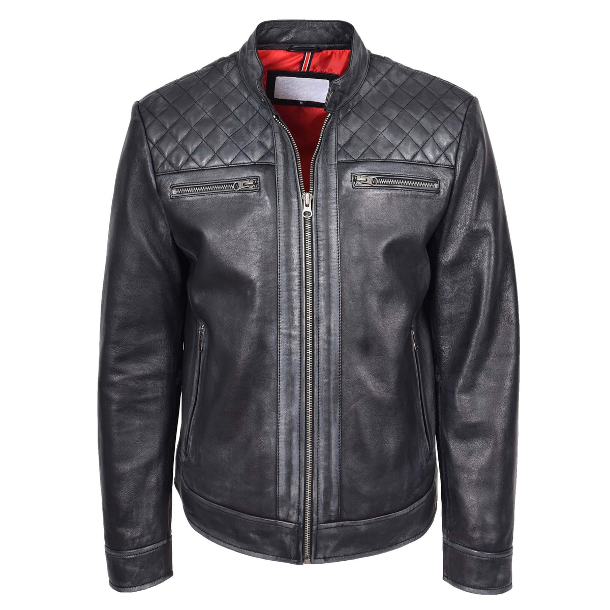 Mens Real Leather Biker Jacket Cafe Racer Style Dommo Black - genuine leather jacket in black with biker