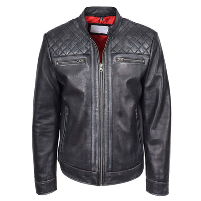 Mens Real Leather Biker Jacket Cafe Racer Style Dommo Black - genuine leather jacket in black with biker