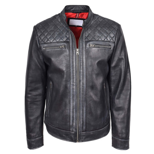 Mens Real Leather Biker Jacket Cafe Racer Style Dommo Black - genuine leather jacket in black with biker