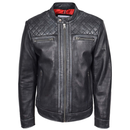 Mens Real Leather Biker Jacket Cafe Racer Style Dommo Black - genuine leather jacket in black with biker