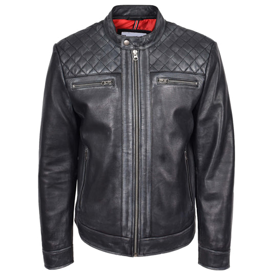 Mens Real Leather Biker Jacket Cafe Racer Style Dommo Black - genuine leather jacket in black with biker