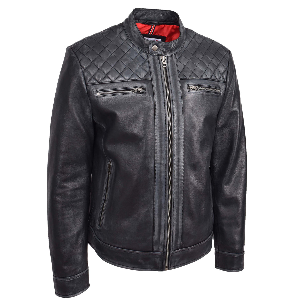 Mens Real Leather Biker Jacket Cafe Racer Style Dommo Black - genuine leather jacket in black with biker
