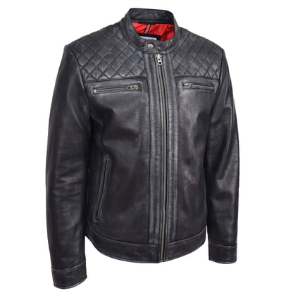Mens Real Leather Biker Jacket Cafe Racer Style Dommo Black - genuine leather jacket in black with biker