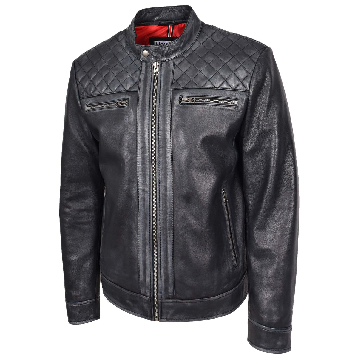 Mens Real Leather Biker Jacket Cafe Racer Style Dommo Black - genuine leather jacket in black with biker