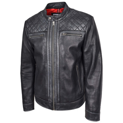 Mens Real Leather Biker Jacket Cafe Racer Style Dommo Black - genuine leather jacket in black with biker