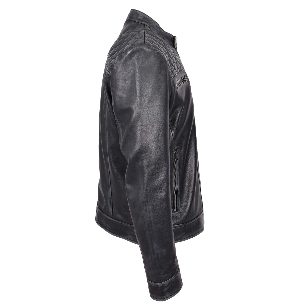 Mens Real Leather Biker Jacket Cafe Racer Style Dommo Black - genuine leather jacket in black with biker