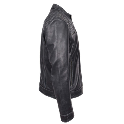 Mens Real Leather Biker Jacket Cafe Racer Style Dommo Black - genuine leather jacket in black with biker