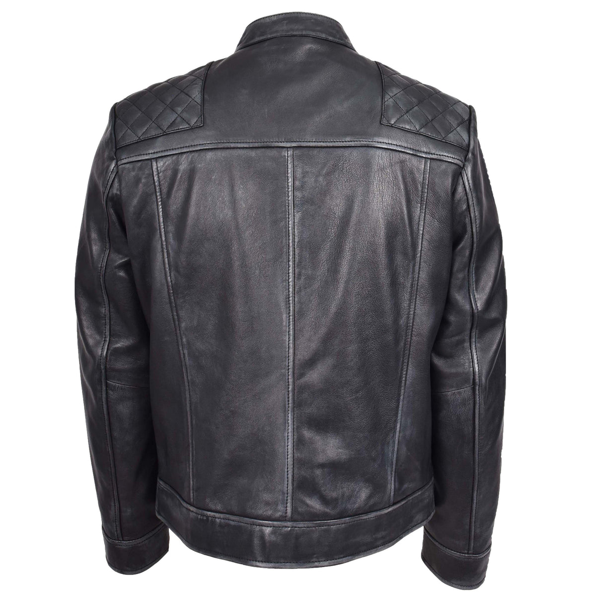 Mens Real Leather Biker Jacket Cafe Racer Style Dommo Black - genuine leather jacket in black with biker