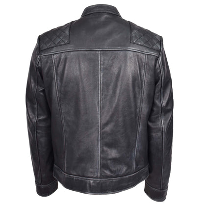 Mens Real Leather Biker Jacket Cafe Racer Style Dommo Black - genuine leather jacket in black with biker