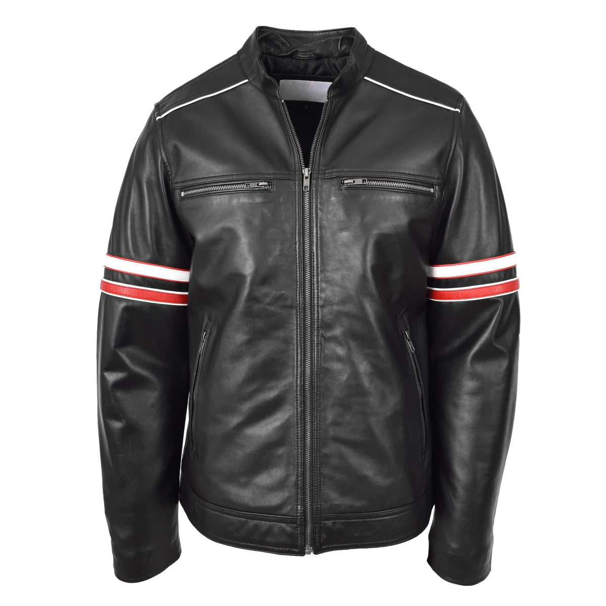 Mens Real Leather Biker Style Jacket Cafe Racer Multi Stripes Boxer Black - genuine leather jacket in black with biker