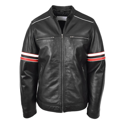 Mens Real Leather Biker Style Jacket Cafe Racer Multi Stripes Boxer Black - genuine leather jacket in black with biker