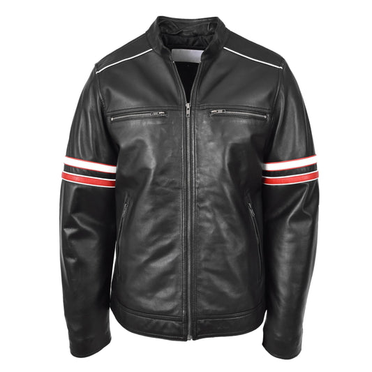 Mens Real Leather Biker Style Jacket Cafe Racer Multi Stripes Boxer Black - genuine leather jacket in black with biker
