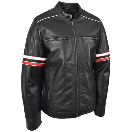 Mens Real Leather Biker Style Jacket Cafe Racer Multi Stripes Boxer Black - genuine leather jacket in black with biker