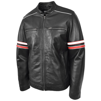 Mens Real Leather Biker Style Jacket Cafe Racer Multi Stripes Boxer Black - genuine leather jacket in black with biker