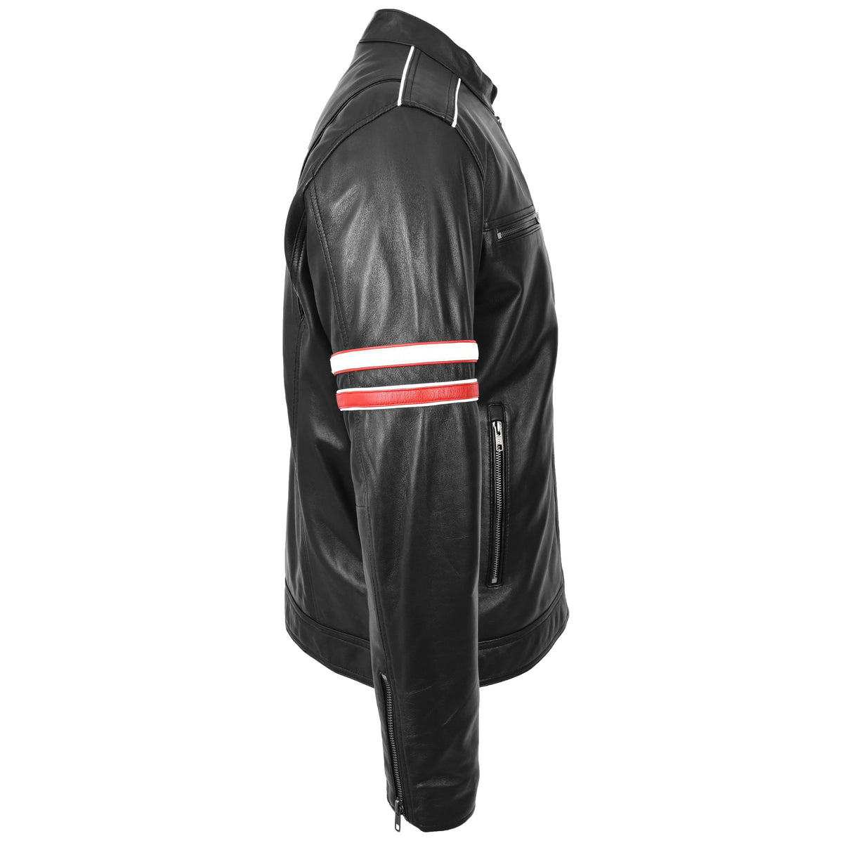 Mens Real Leather Biker Style Jacket Cafe Racer Multi Stripes Boxer Black - genuine leather jacket in black with biker